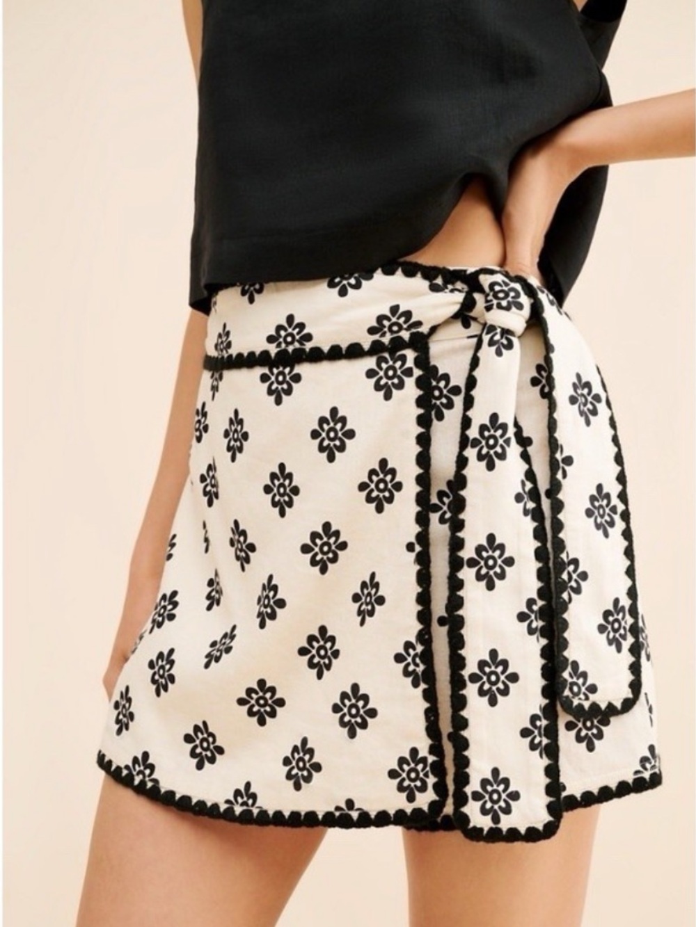 FARM Rio Cream Wrap Skort with Black Embroidered Trim